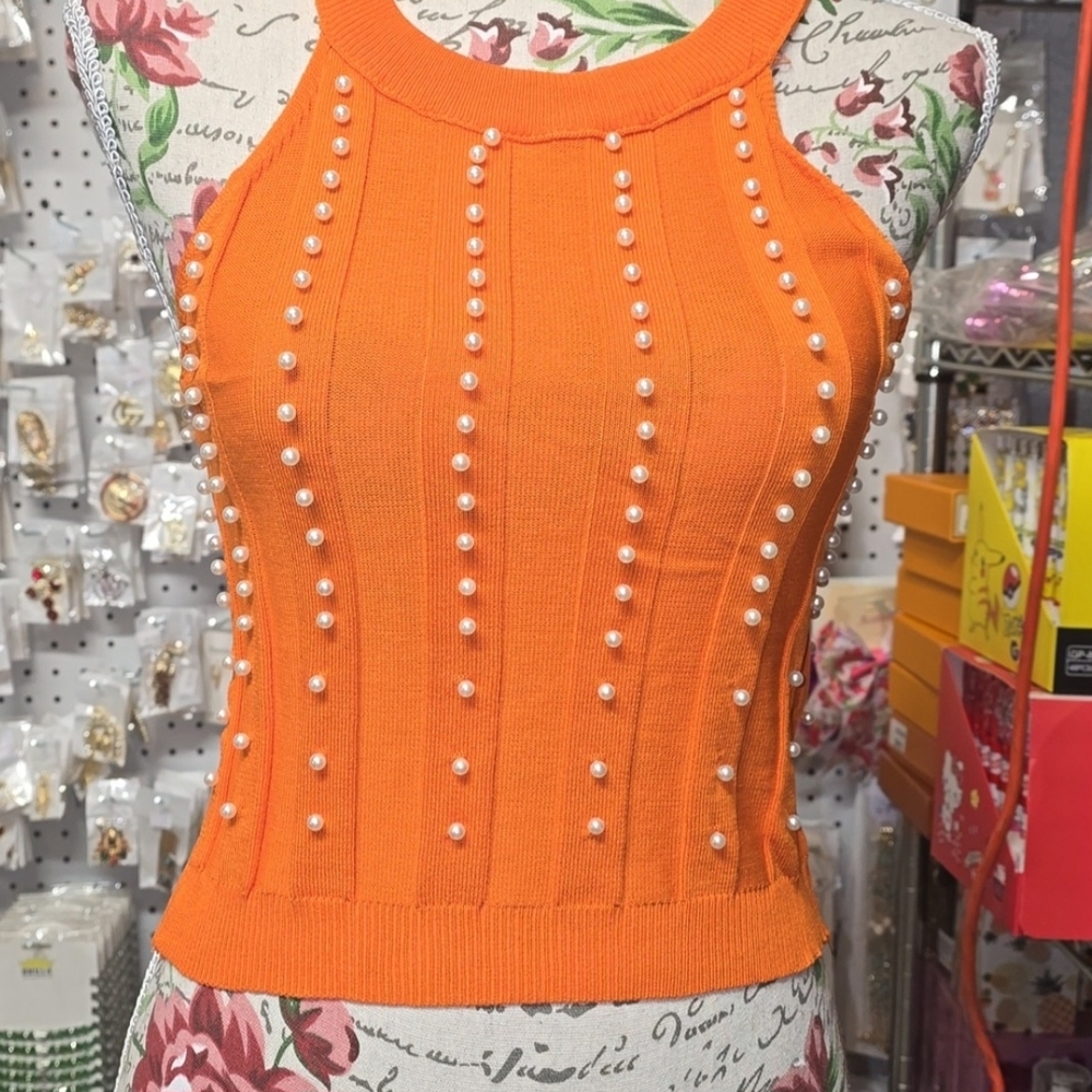 Vibrant Orange Pearl-Studded Crop Top